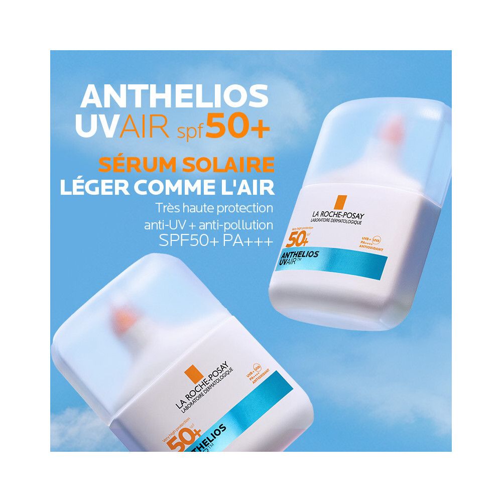 Deux produits dans une scène. Inscriptions: Anthelios Uvair SPF 50+ Sérum Solaire.