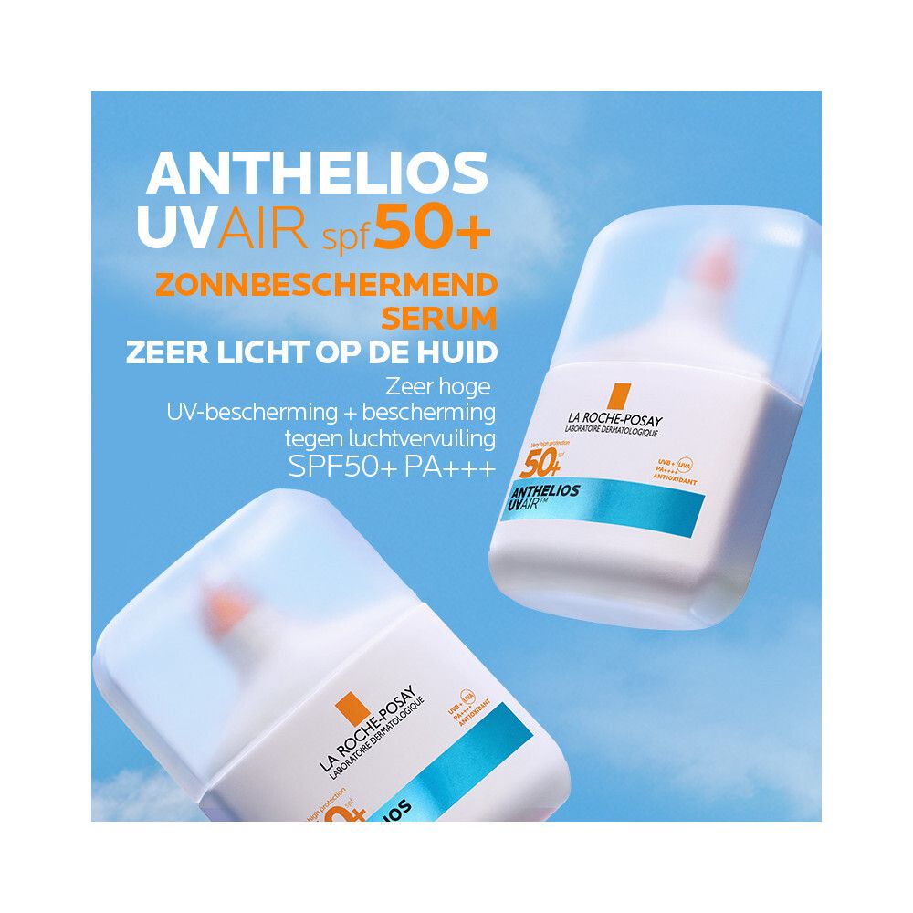 Twee producten in een scène. Opschrift: Anthelios Uvair SPF 50+ Sérum Solaire.