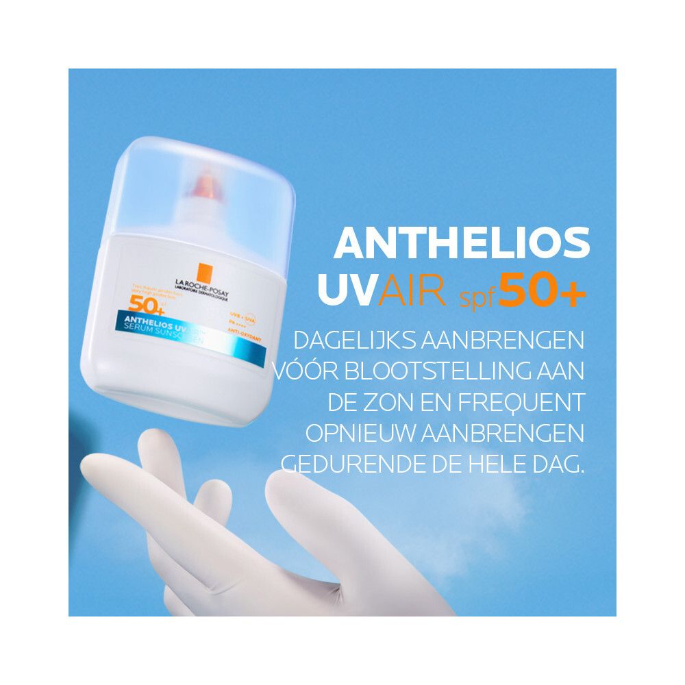 Product in een scène. Opschrift: Anthelios Uvair SPF 50+. Gebruiksadvies.