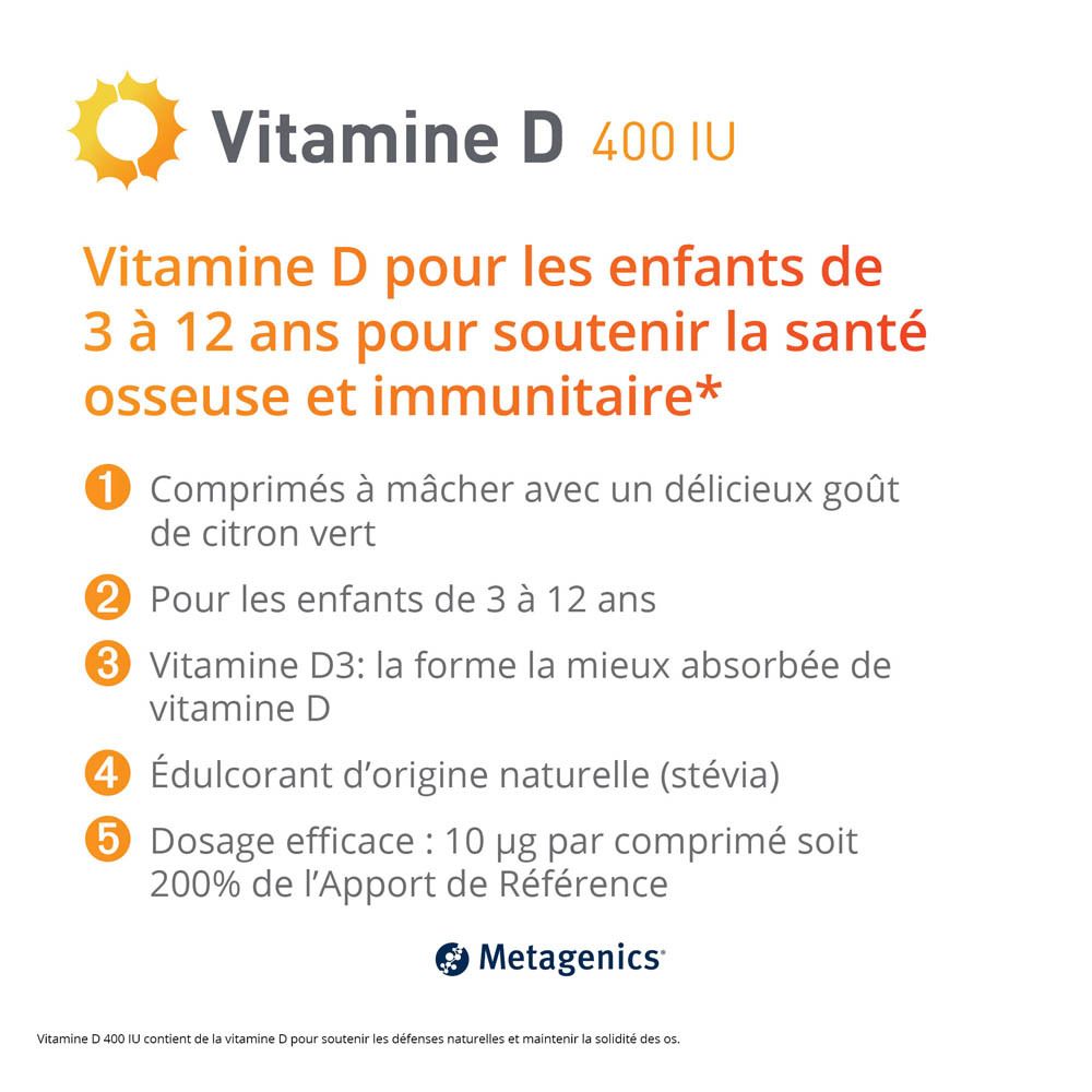 Informations sur la Vitamine D 400 UI pour les enfants de 3 à 12 ans. Goût citron vert.