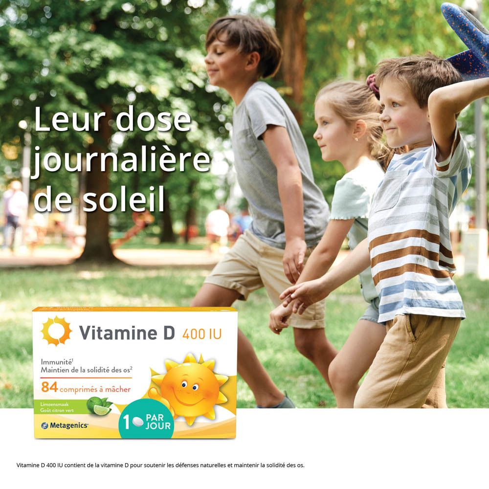 Informations nutritionnelles par comprimé à mâcher Vitamine D3. Contient 10 µg.
