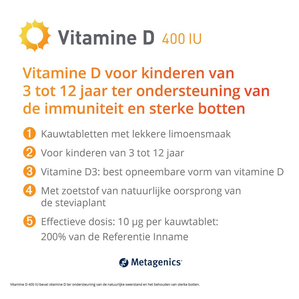 METAGENICS® Vitamine D 400 IE. Witte doos met productnaam, zon en tekst. 168 kauwtabletten.