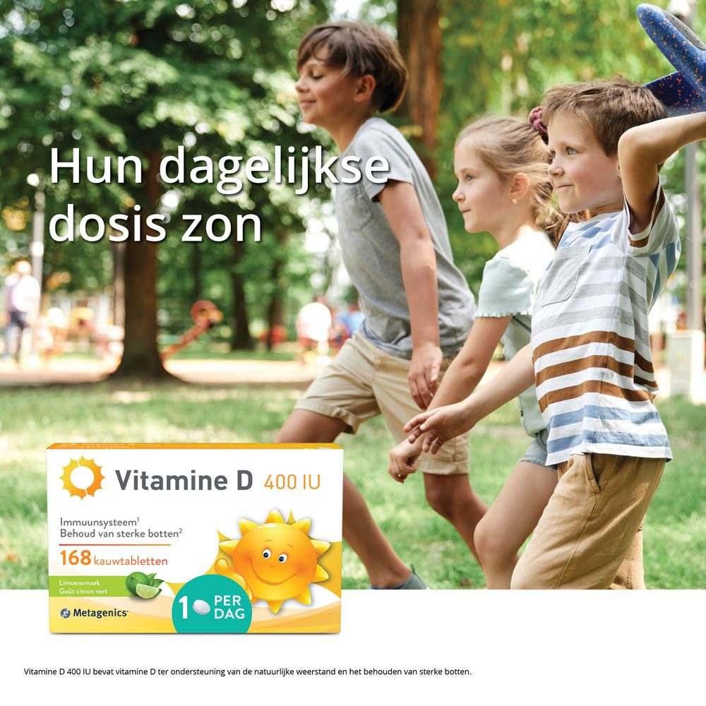 METAGENICS® Vitamine D 400 IE. Witte doos met productnaam, zon en tekst. 168 kauwtabletten.