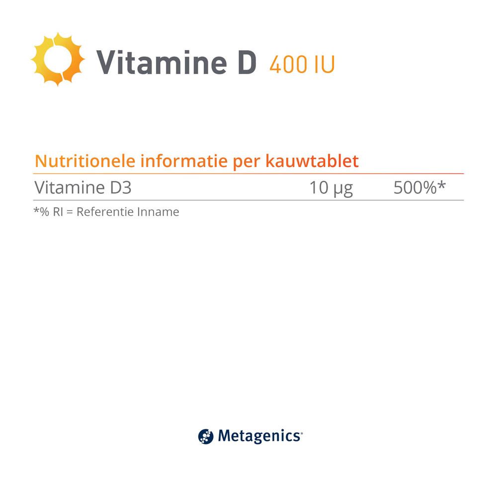 METAGENICS® Vitamine D 400 IE. Witte doos met productnaam, zon en tekst. 168 kauwtabletten.