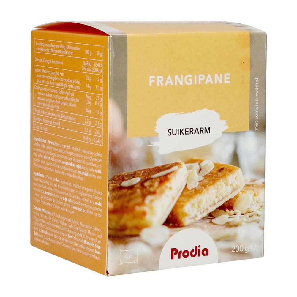 Prodia Frangipane Maltitol verpakking. Opschrift: Frangipane, suikerarm. Toont stukjes cake met amandelen. 200g.