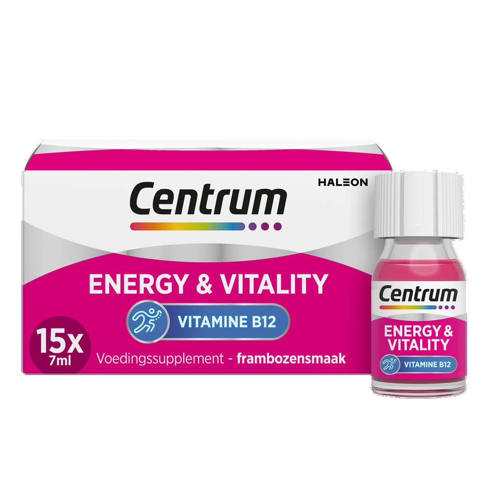 Centrum Energy & Vitality. Flesje en verpakking. 15x7ml. Rijk aan vitamine B12. Frambozensmaak.