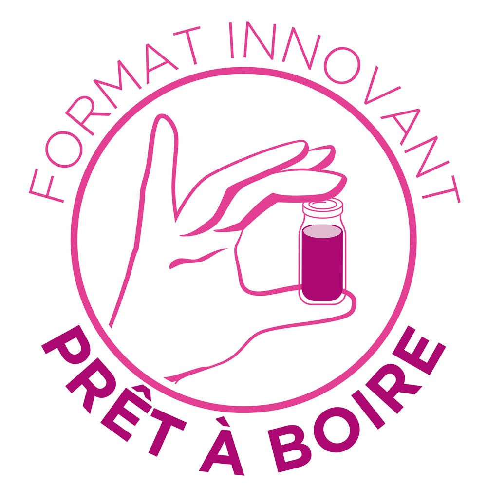 Format innovant prêt à boire. Main tenant un flacon. Fond rose. Nom du produit.