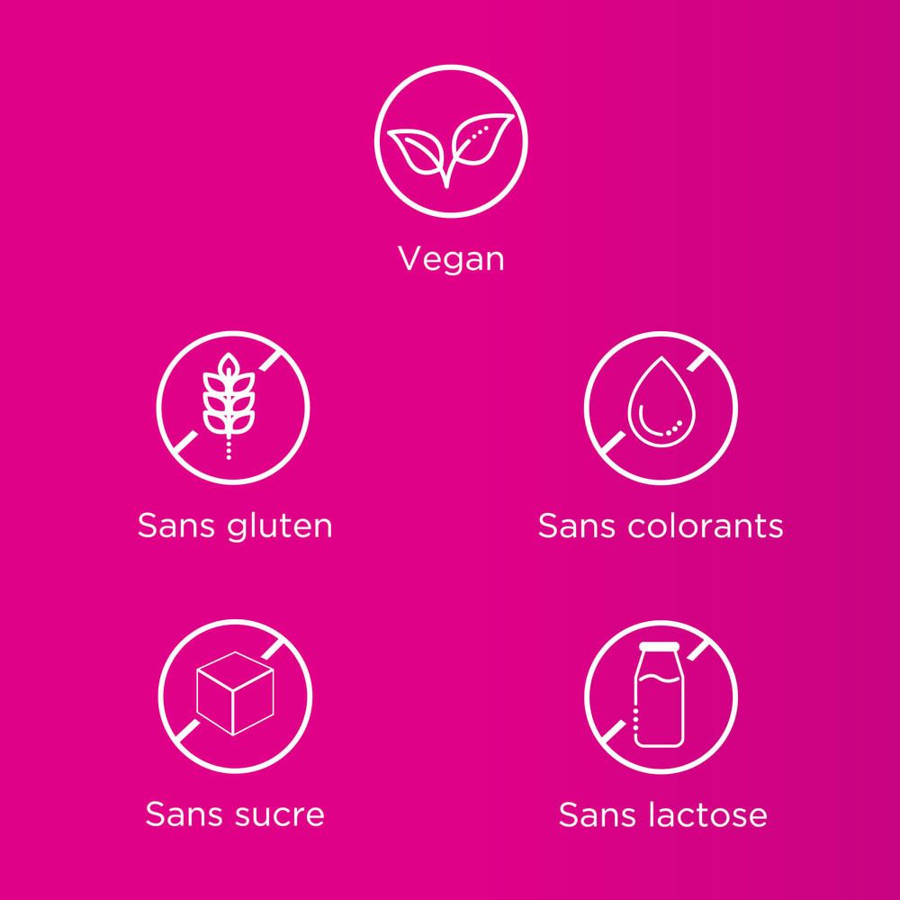 Vegan, sans gluten, sans sucre, sans colorants, sans lactose. Symboles sur fond rose.