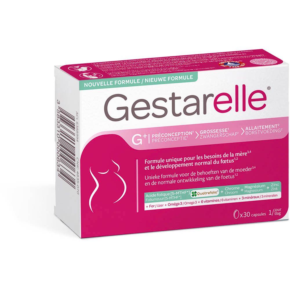 Verpakking van Gestarelle g+ capsules. Witte doos met roze accenten. Bevat 30 capsules. Tekst: Nieuwe formule.