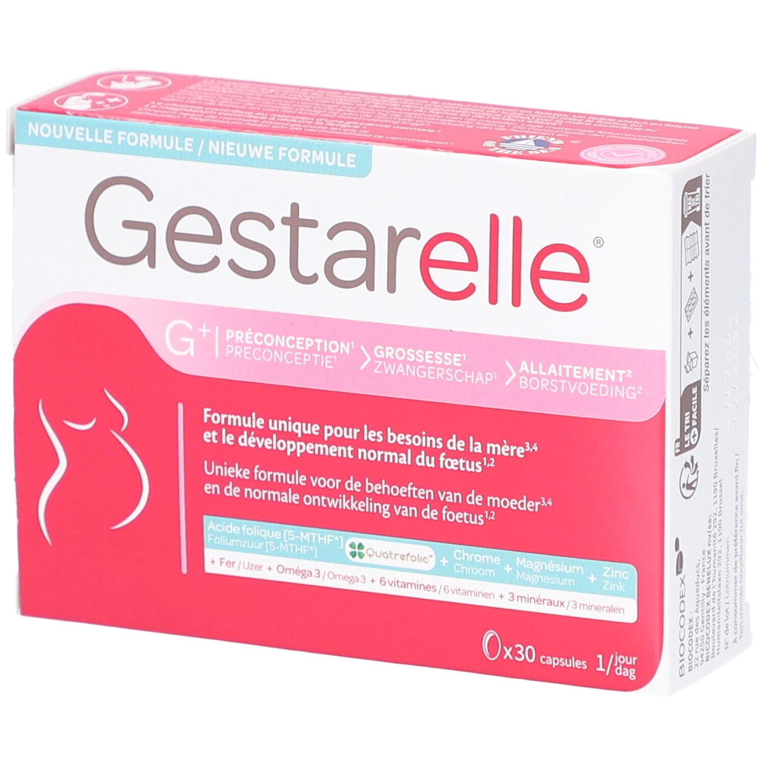 Verpakking van Gestarelle g+ capsules. Witte doos met roze accenten. Bevat 30 capsules. Tekst: Nieuwe formule.