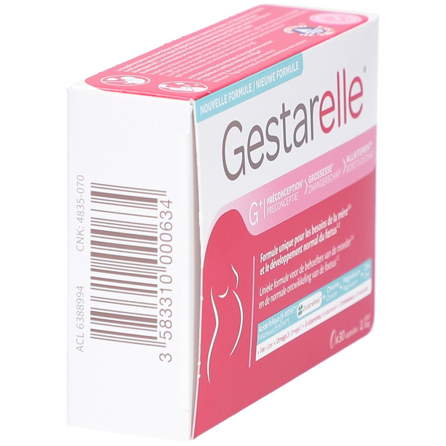 Verpakking van Gestarelle g+ capsules. Witte doos met roze accenten. Barcode en productinformatie op de zijkant.