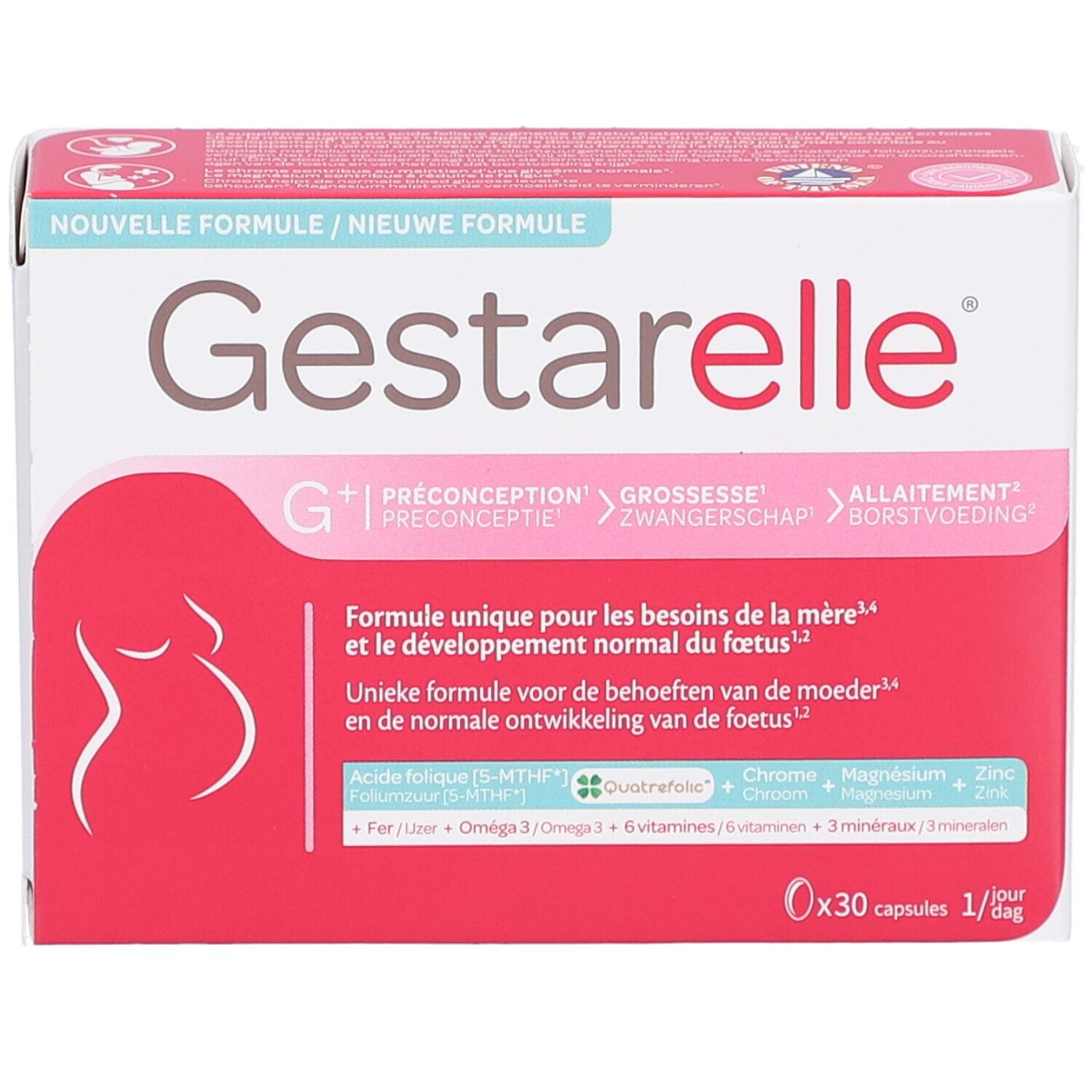Verpakking van Gestarelle g+ capsules. Witte doos met roze accenten. Bevat 30 capsules. Tekst: Nieuwe formule.
