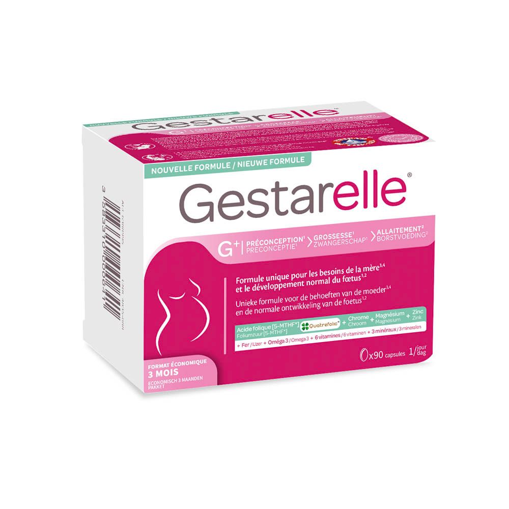 Boîte Gestarelle G+, vue de dessus. Boîte rose et blanche avec informations produit et logo.