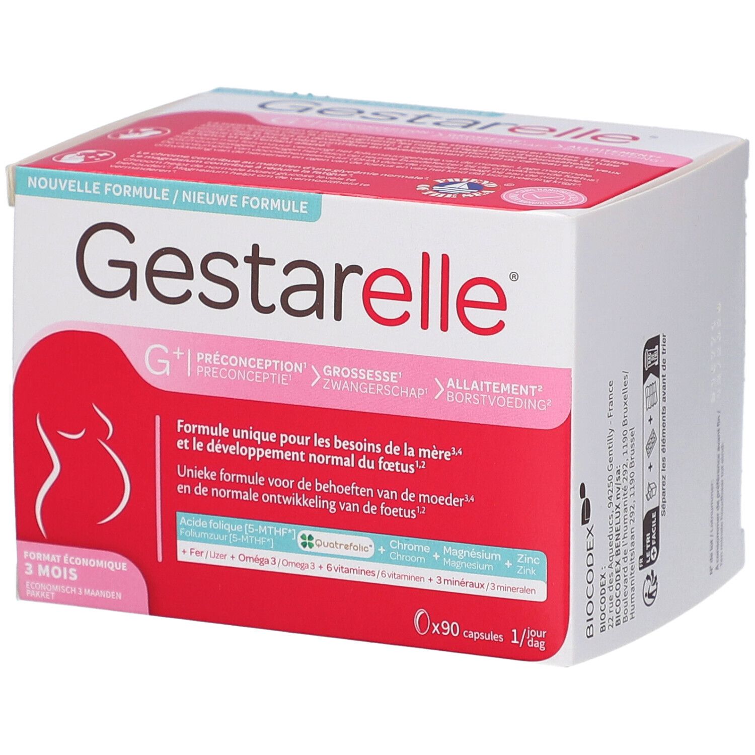 Verpakking van Gestarelle G+ met productinfo en logo. Bevat 90 capsules. Roze en witte doos.
