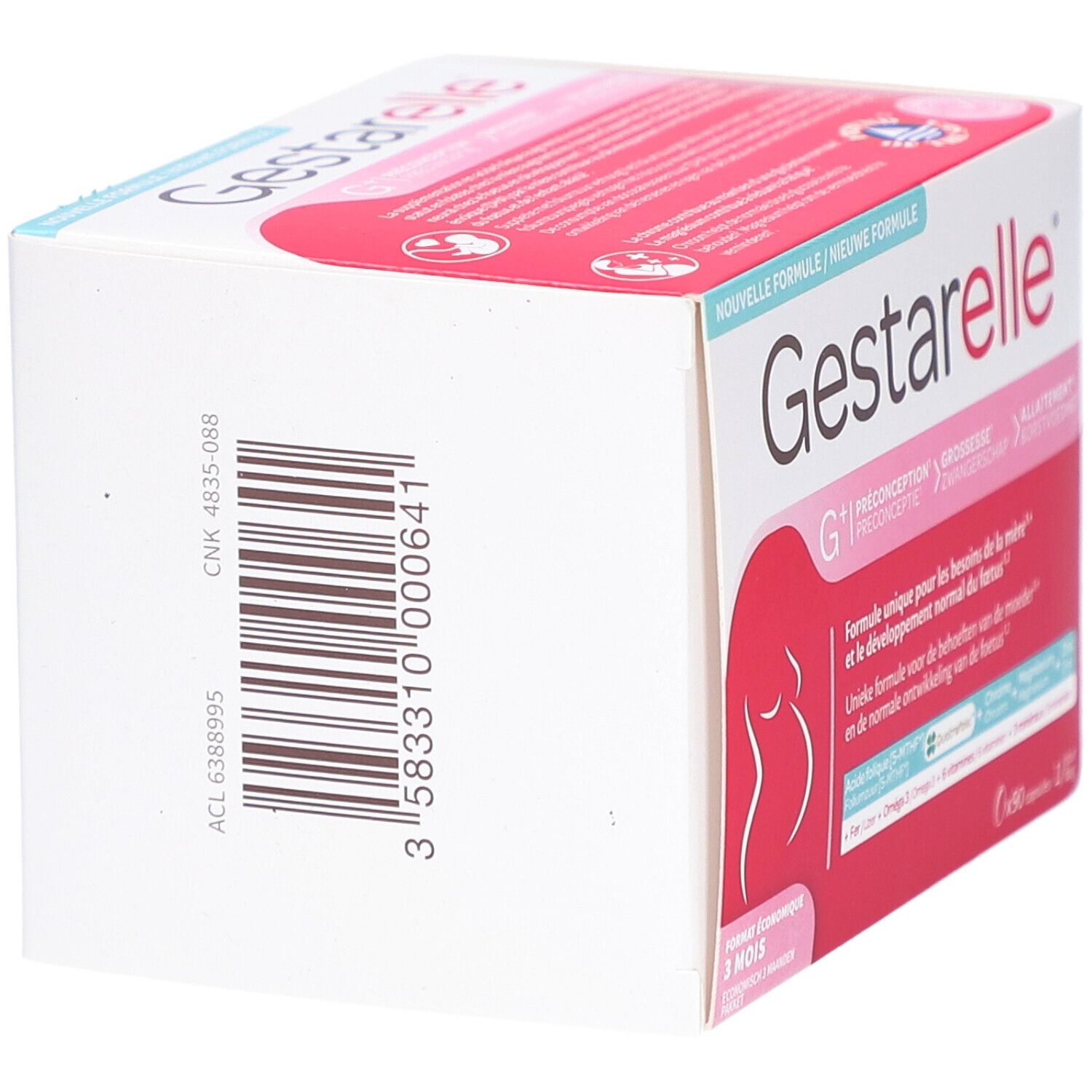 Gestarelle G+ verpakking, wit met roze accenten. Barcode en productinfo op de zijkant.