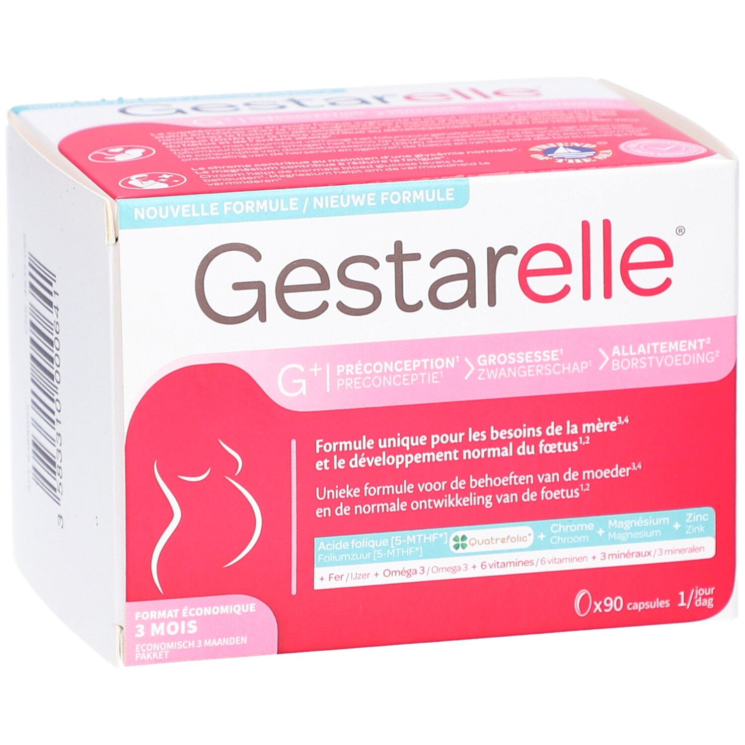 Gestarelle G+ verpakking, bovenaanzicht. Roze en witte doos met productinfo en logo.