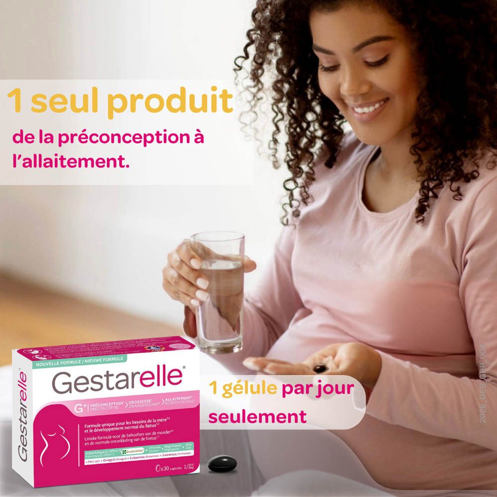 Boîte Gestarelle G+ de 90 capsules, avec silhouette de femme enceinte.