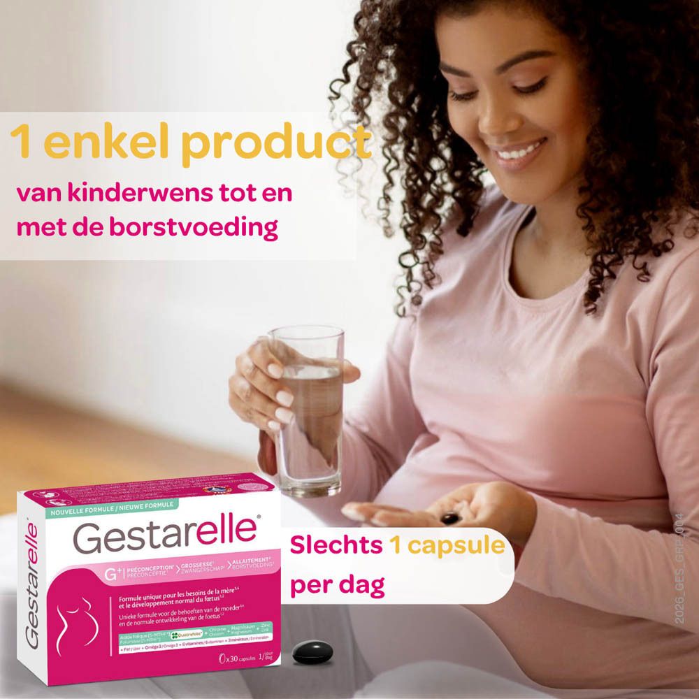 Gestarelle G+ verpakking met 90 capsules, met silhouet van zwangere vrouw.