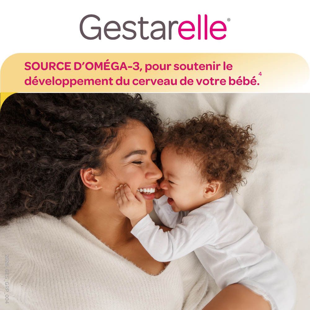 Boîte Gestarelle G+ de 90 capsules, avec silhouette de femme enceinte.