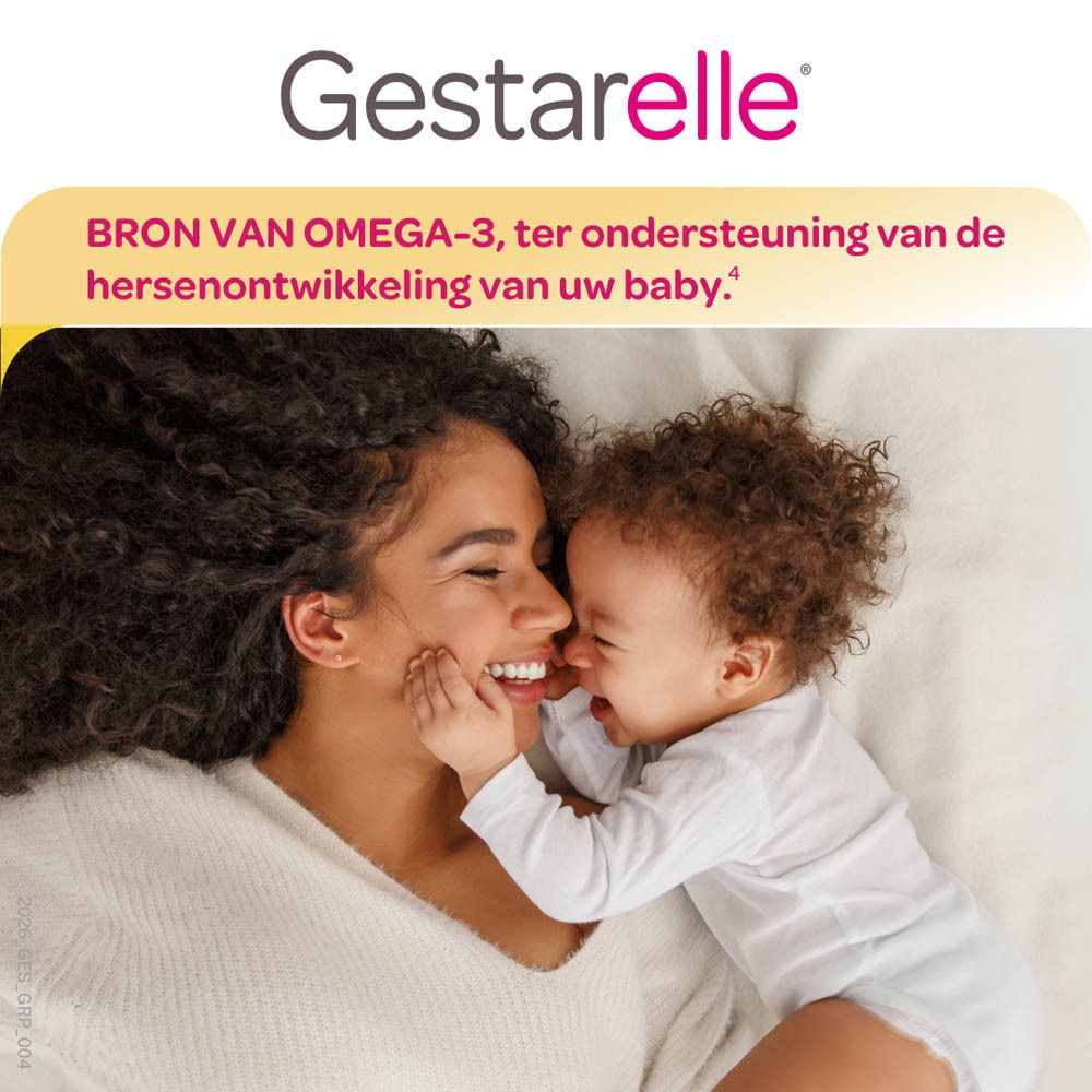 Gestarelle G+ verpakking met 90 capsules, met silhouet van zwangere vrouw.