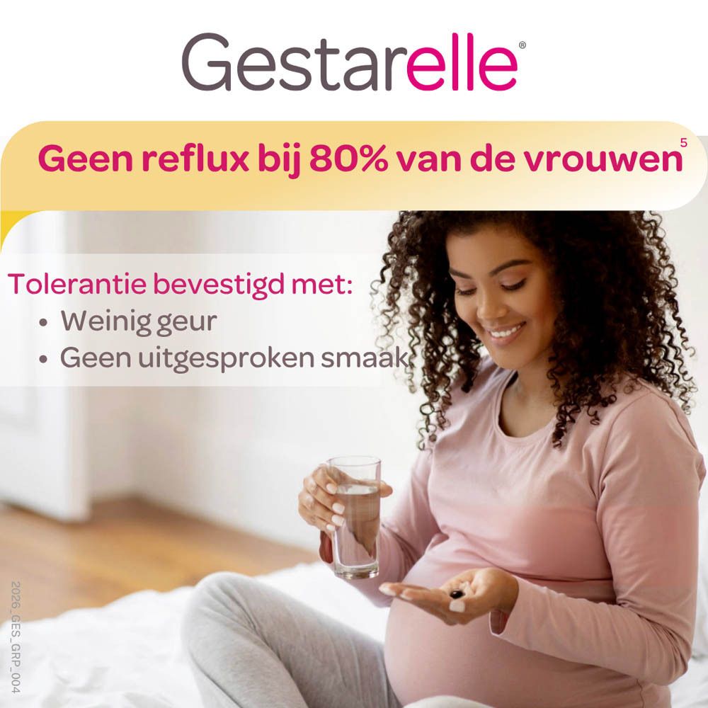 Gestarelle G+ verpakking met 90 capsules, met silhouet van zwangere vrouw.