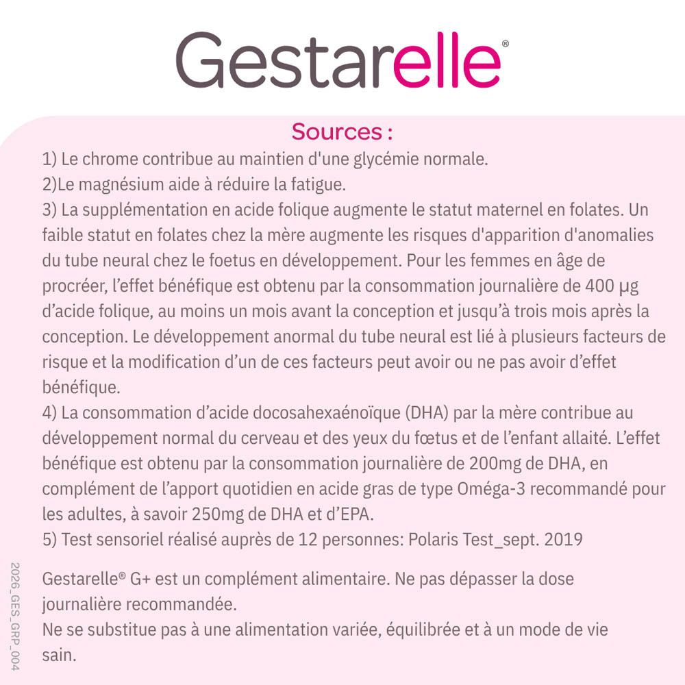 Boîte Gestarelle G+ de 90 capsules, avec silhouette de femme enceinte.