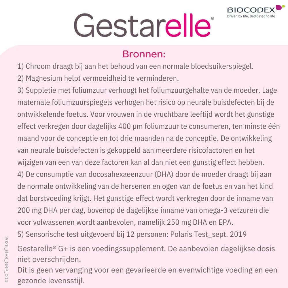 Gestarelle G+ verpakking met 90 capsules, met silhouet van zwangere vrouw.