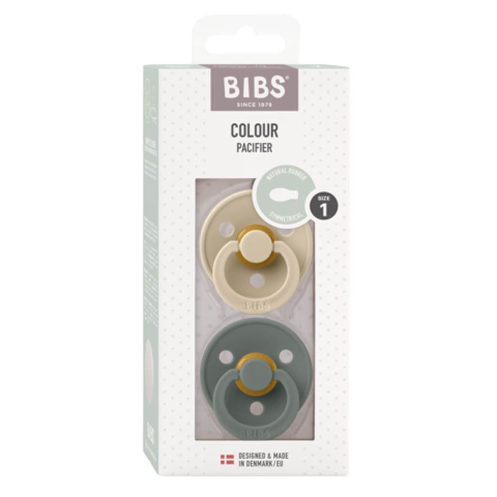 Verpakking met twee BIBS-fopspenen. Beige en groene kleuren. Maat 1, 0-6 maanden.
