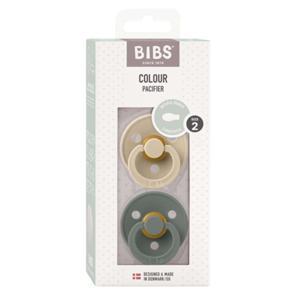 BIBS Colour fopspeen verpakking. Twee groene en beige fopspenen. Maat 2. Symmetrische speen. Verpakking met venster.