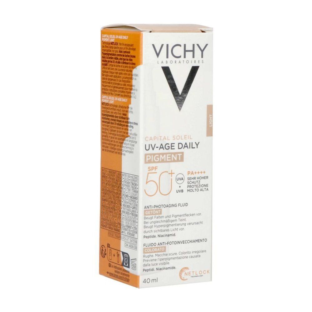 Boîte avec inscription: Vichy, Capital Soleil UV-Age Daily Pigment, SPF 50+. Texte en allemand et italien.