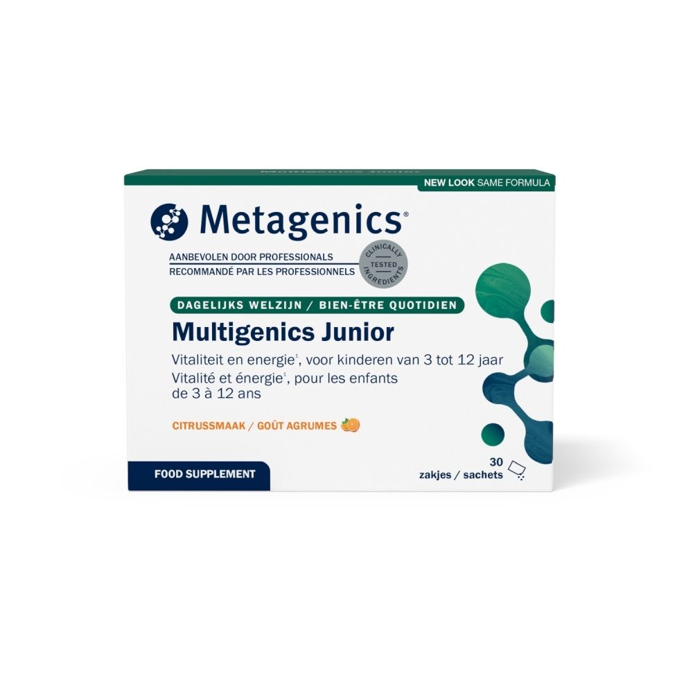Multigenics Junior doos. Bevat multivitamines en mineralen voor kinderen. 30 zakjes. Metagenics logo.