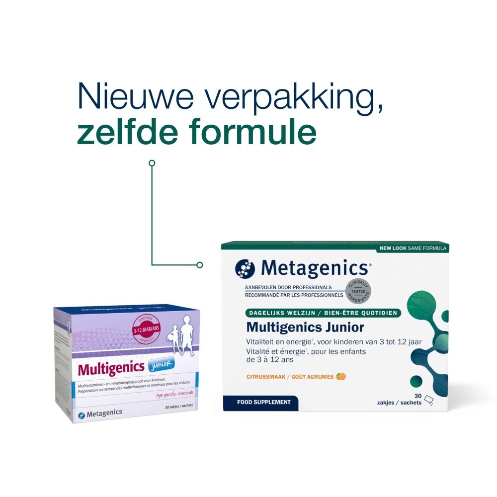 Multigenics Junior doos. Bevat multivitamines en mineralen voor kinderen. 30 zakjes. Metagenics logo.