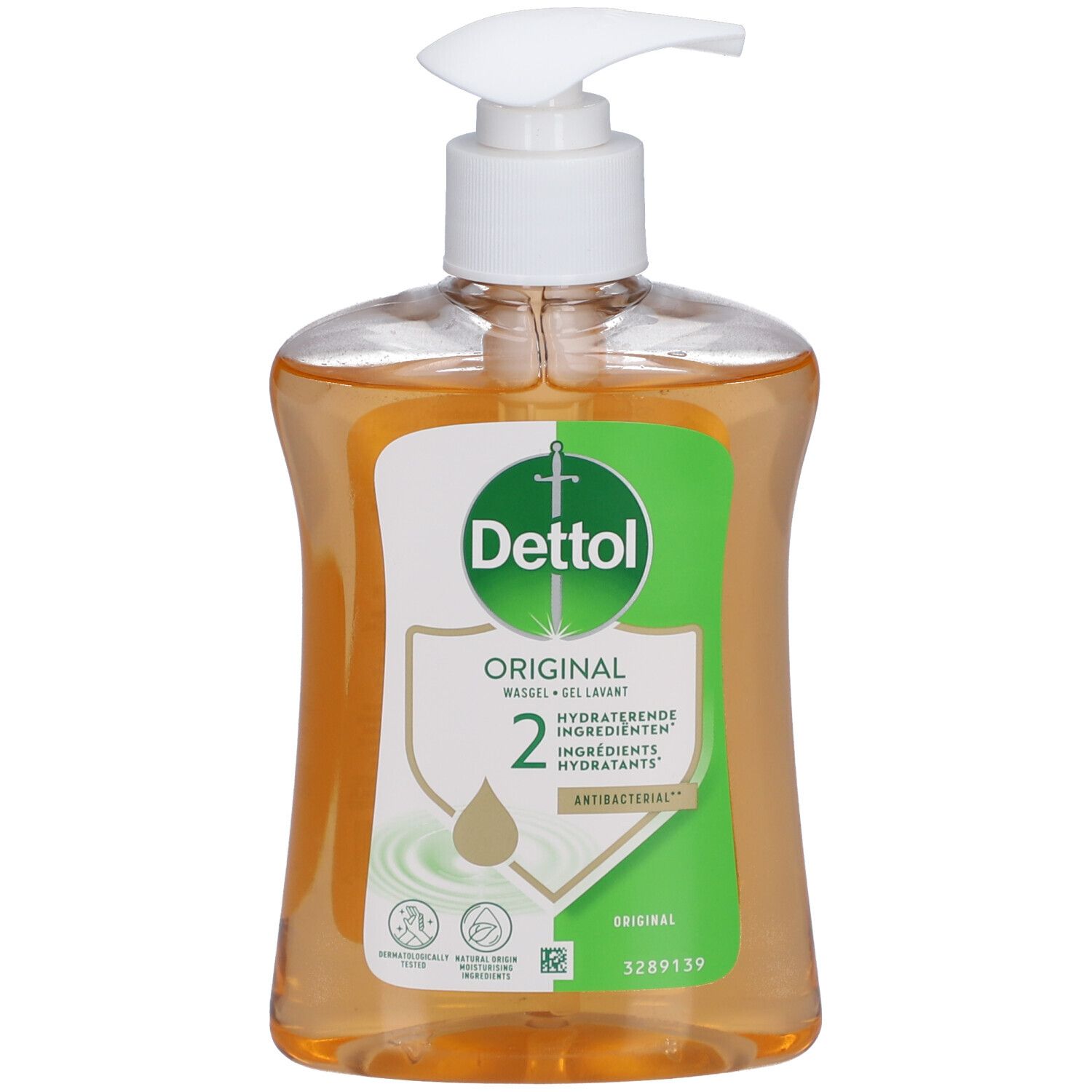 Fles met pomp. Label "Dettol Original", groen schild, gele vloeistof. Antibacterieel.