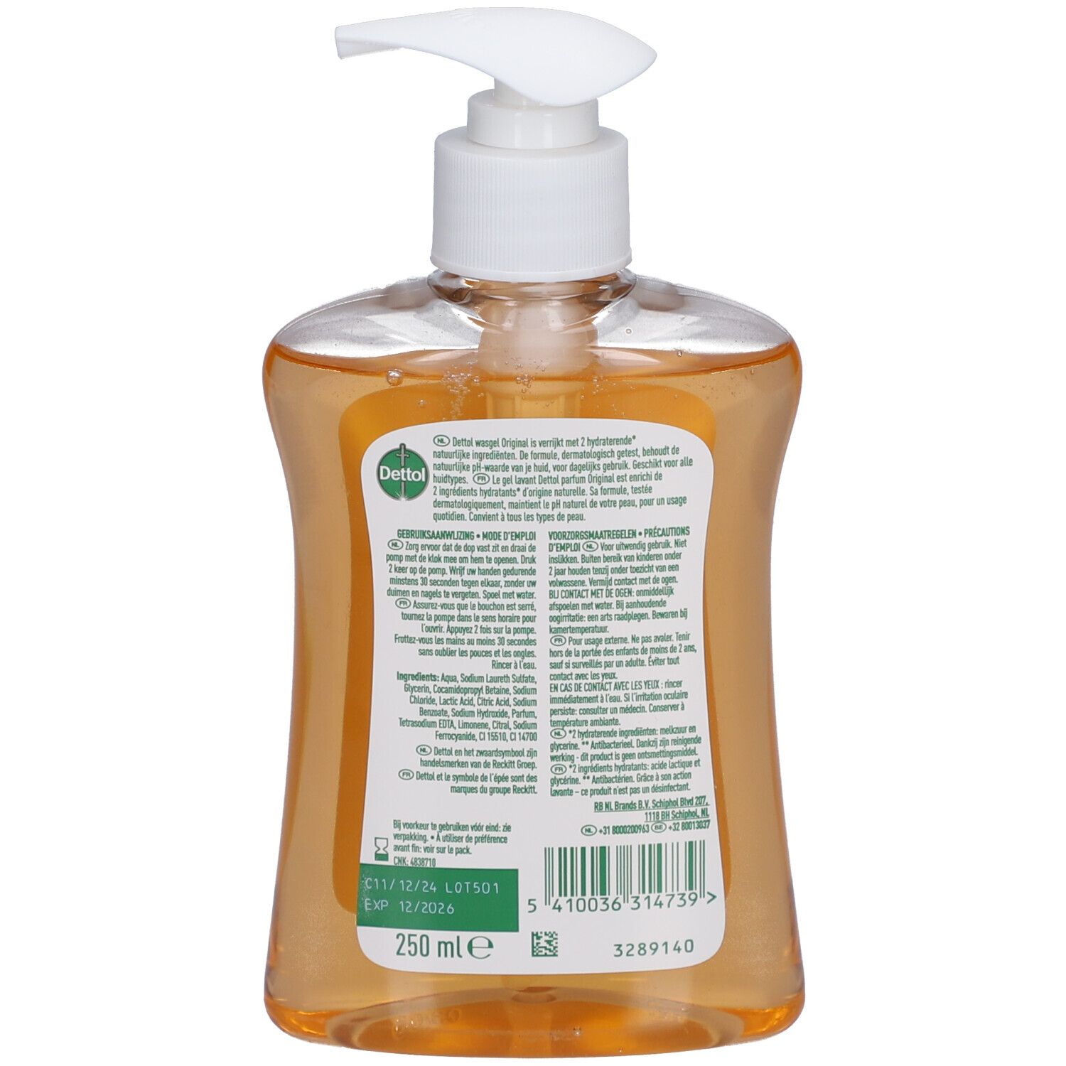 Achterkant van de fles. Tekst met ingrediënten en informatie. "Dettol Original".