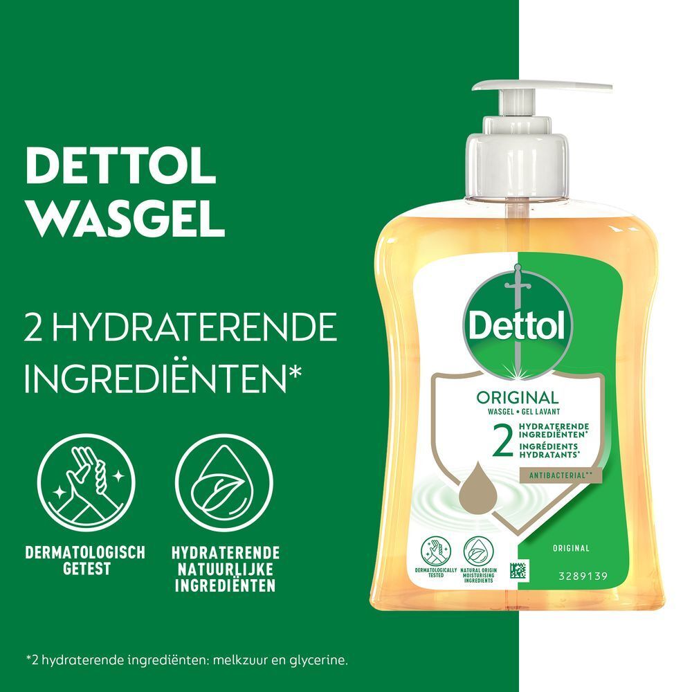 Dettol wasgel. Fles met pomp, transparante vloeistof. Opschrift: Original, 2 hydraterende ingrediënten, 250ml.
