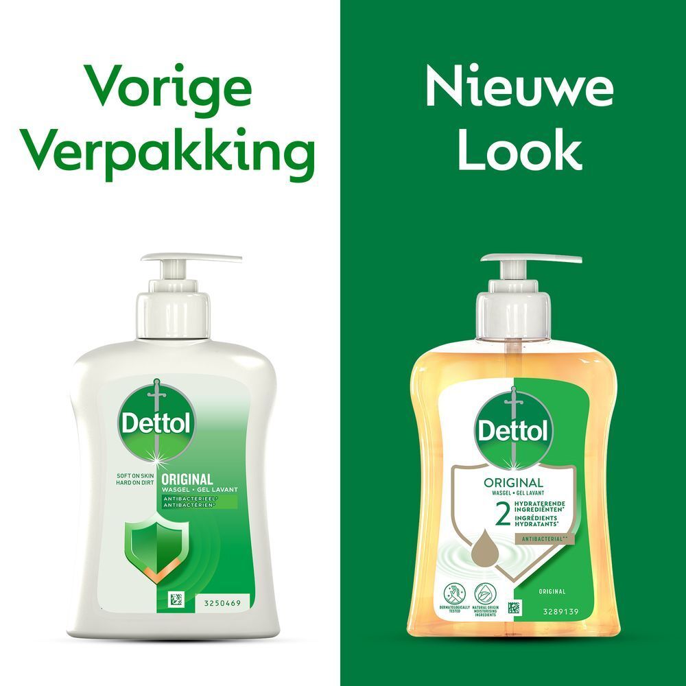Vergelijking: Oude en nieuwe verpakking van Dettol wasgel. Nieuwe verpakking: fles met pomp, transparante vloeistof.