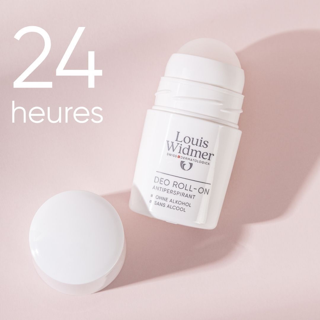 Roll-on antitranspirant blanc Louis Widmer. Inscription: Deo Roll-On, sans alcool.