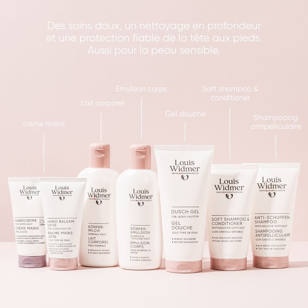 Gamme de produits Louis Widmer. Gel douche, crème pour les mains, émulsion corporelle, lait corporel, shampooing, antipelliculaire.