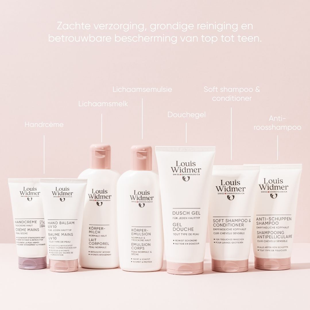 Productlijn van Louis Widmer. Douchegel, handcrème, lichaamsemulsie, lichaamsmelk, shampoo, anti-roosshampoo.