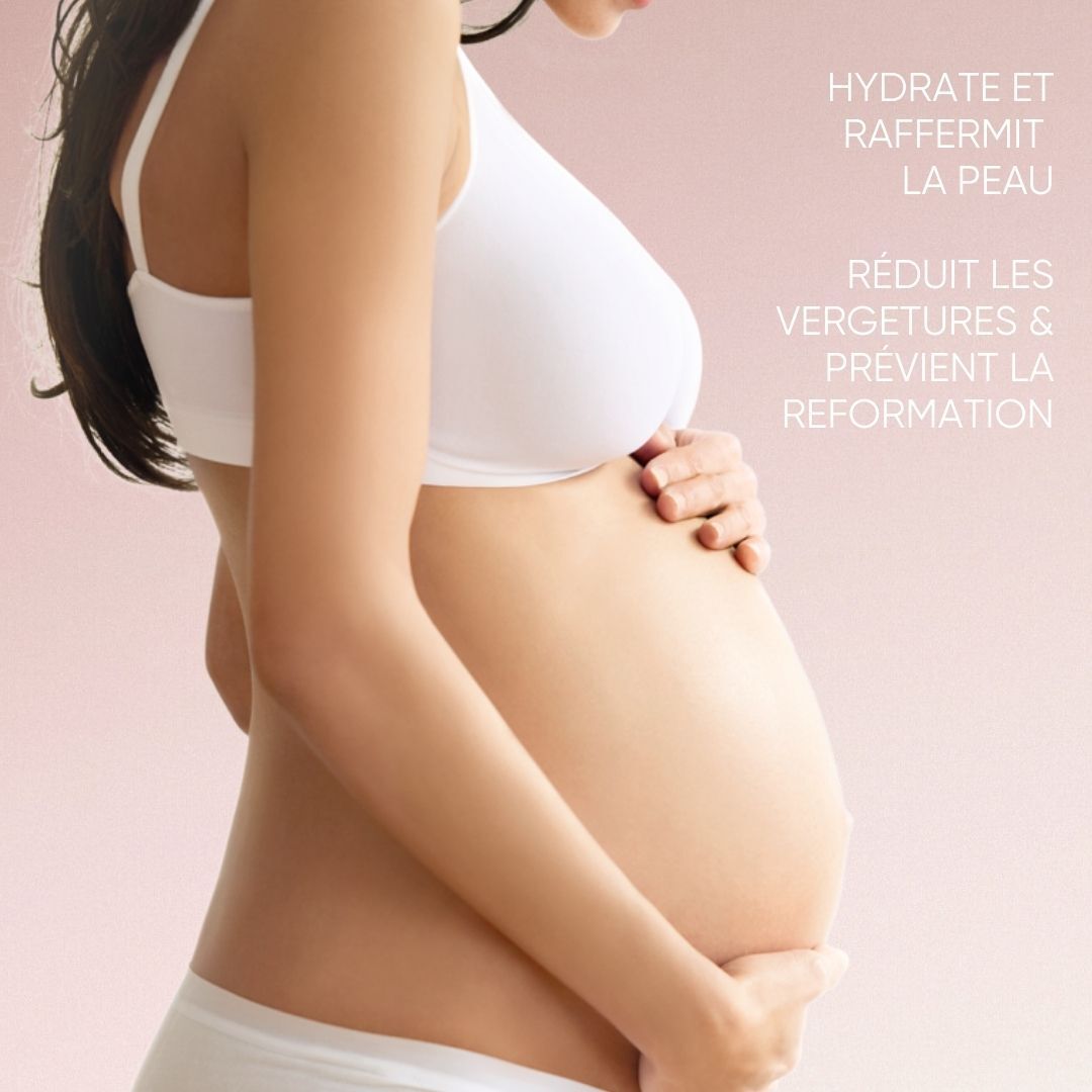 Femme enceinte. Texte: Hydrate et raffermit la peau. Réduit les vergetures.
