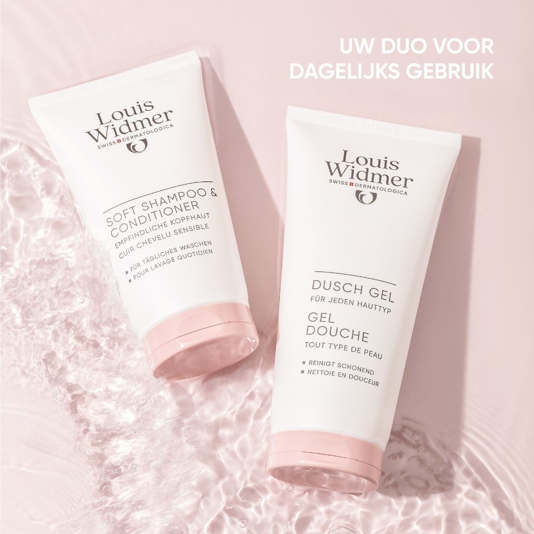 Twee tubes. Louis Widmer Soft Shampoo & Conditioner en Douchegel. Opschrift: Voor gevoelige hoofdhuid.
