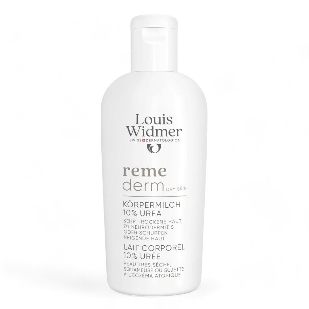 Flacon blanc avec bouchon rabattable. Inscription: Louis Widmer, reme derm, 10% Urée. Pour peau sèche.