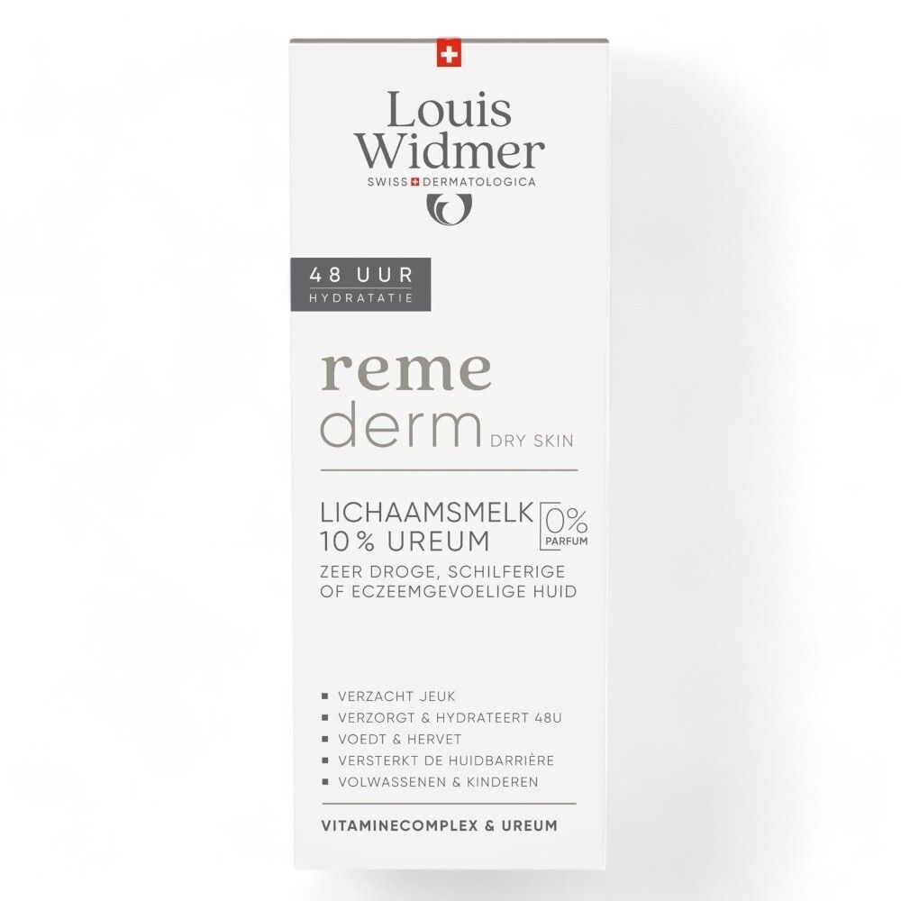 Witte productverpakking. Opschrift: Louis Widmer, reme derm, 10% Urea. Voor droge, schilferige huid. 48u hydratatie.