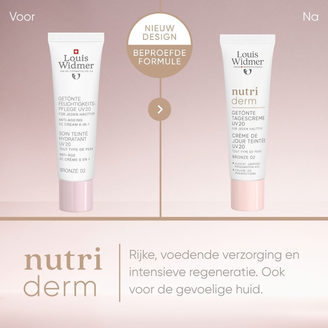 Productverpakking met crèmetube. Merk Louis Widmer. Nutriderm Crème de Jour. Bronze 02.