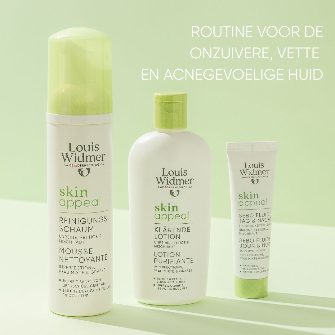 Drie producten. Louis Widmer Skin Appeal. Groene achtergrond.