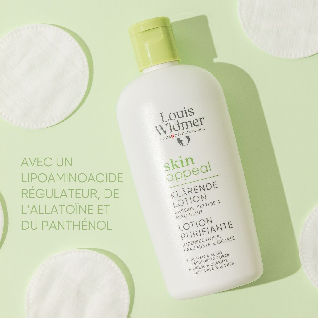 Louis Widmer Skin Appeal Lotion Purifiante. Flacon blanc, bouchon vert. Texte: Lipoaminoacide, Allantoïne, Panthénol.