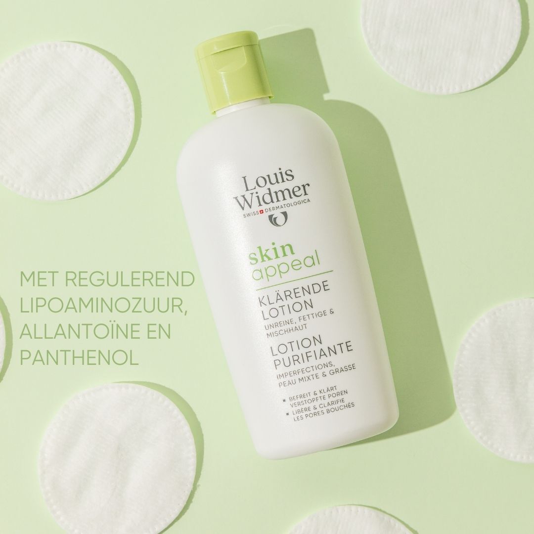 Louis Widmer Skin Appeal Lotion Purifiante. Witte fles met groene dop. Tekst: Lipoaminozuur, Allantoïne, Panthenol.