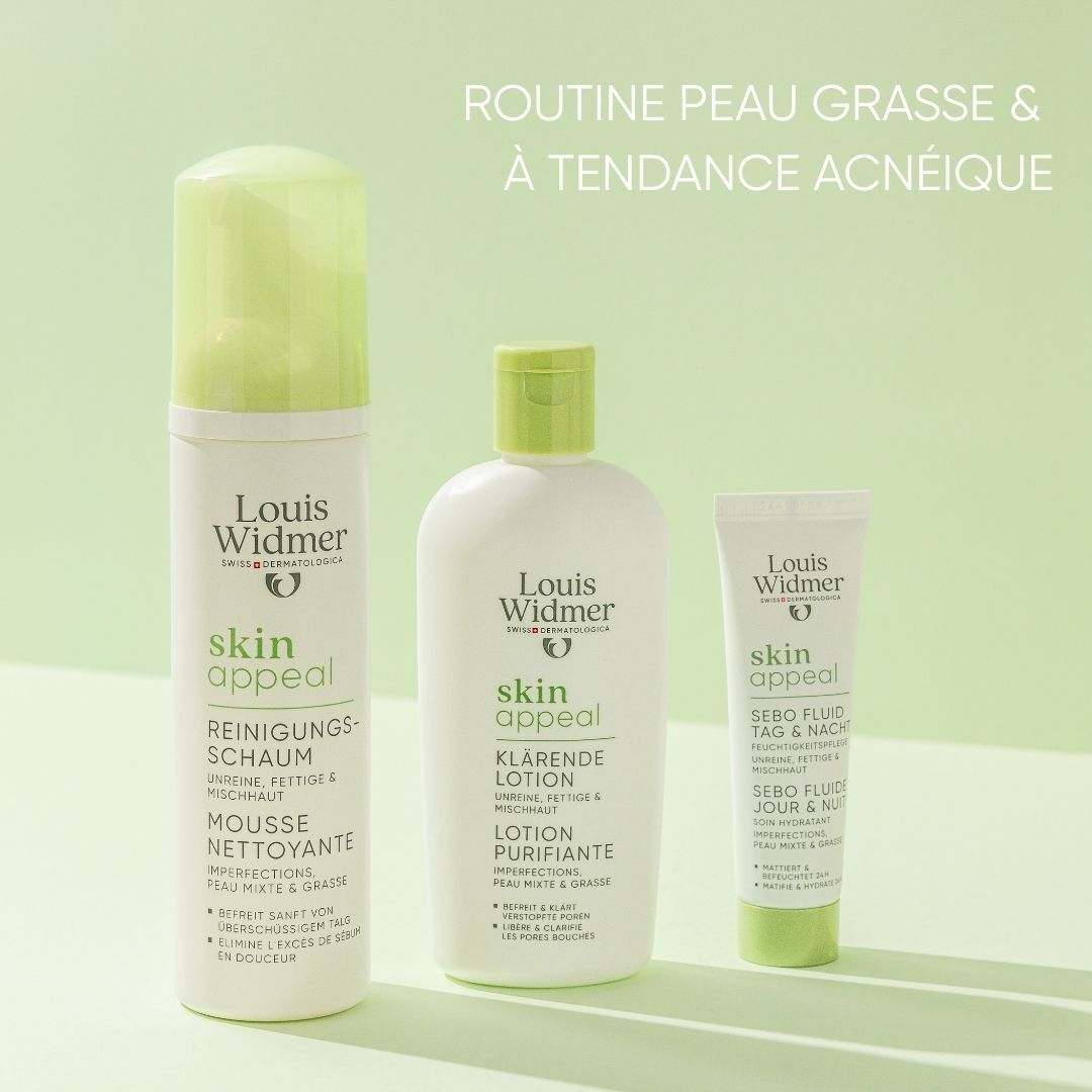 Trois produits Louis Widmer Skin Appeal: Mousse nettoyante, Lotion Purifiante, Sèbo Fluid. Emballages verts et blancs.