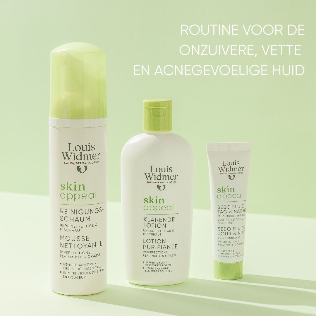 Louis Widmer Skin Appeal productverpakking. Tekst: Ingrediënten, vegan, milieuvriendelijk, dierproefvrij.