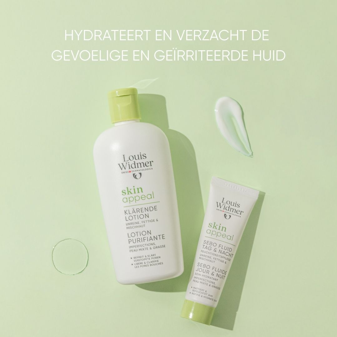 Louis Widmer Skin Appeal productverpakking. Tekst: Ingrediënten, vegan, milieuvriendelijk, dierproefvrij.